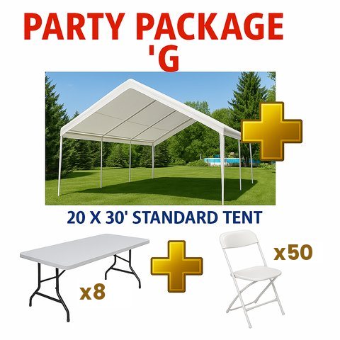 20'x30' Tent + 8 Tables + 50 Chairs rental