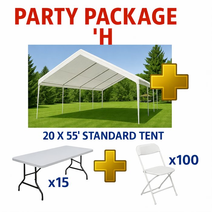 20'x55' Tent + 15 Tables + 100 Chairs rental